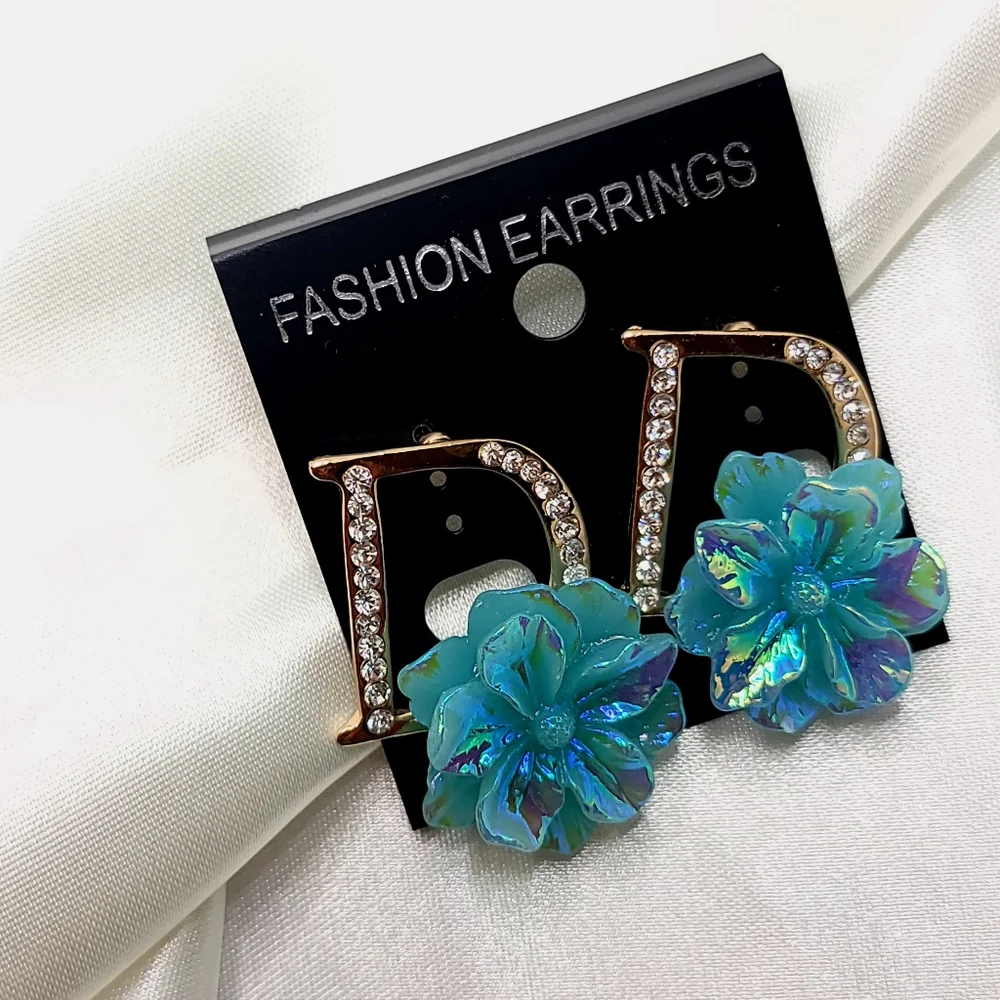 Iridescent Icy Blue Initial D Stud Earrings Aqua flower Earrings Diamond Studded